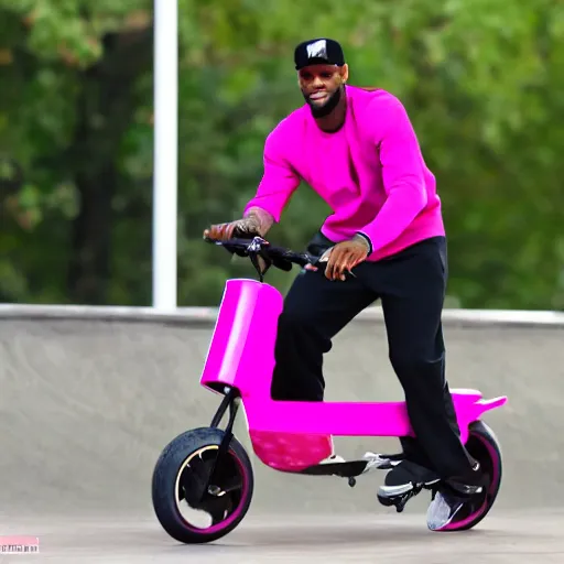 Image similar to paparazzi photo of Lebron James on a pink scooter in a skatepark, ultra high definition, professional photography, dynamic shot, smiling