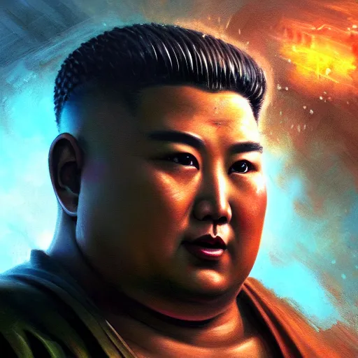 Image similar to portrait of kim - jong un as buddha, league of legends amazing splashscreen artwork, gears of war, splash art, natural light, elegant, photorealistic facial features, intricate, fantasy, detailed face, atmospheric lighting, anamorphic lens flare, cinematic lighting, league of legends splash art, hd wallpaper, ultra high details by greg rutkowski