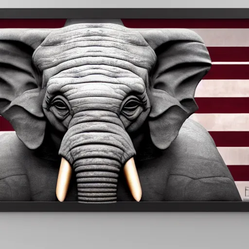 Image similar to elephant yoda as potus American flag, modern art placed in a large living room, art designers magazine HD photo superrealism 3d 8k resolution