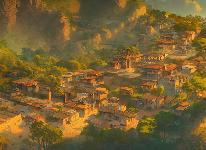 Image similar to concept art painting of a small village in a valley seen from above, european japanese buildings, early morning, cel shaded, detailed, realistic, by makoto shinkai and moebius and anton fadeev and james gurney