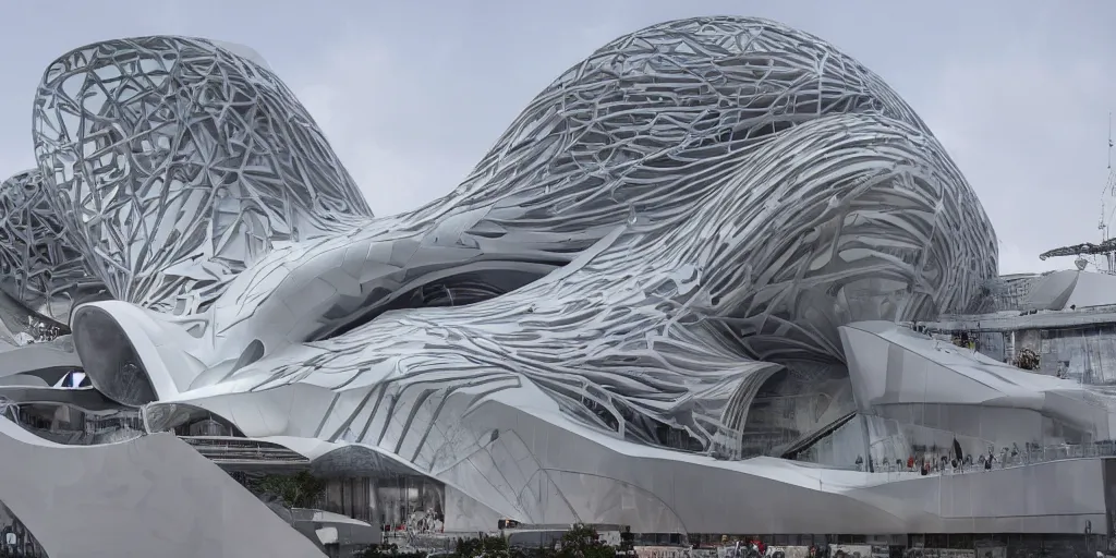 Image similar to extremely detailed ornate stunning beautiful elegant futuristic museum exterior by Zaha Hadid
