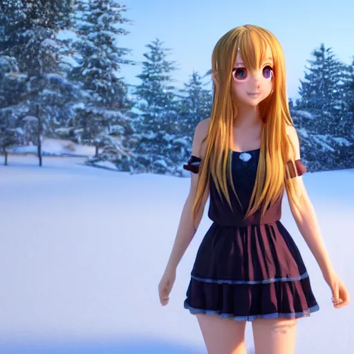 Image similar to Render of a very beautiful 3d anime girl, long hair, hazel eyes, cute freckles, full round face, short smile, cute sundress, golden hour, snowy hills setting, medium shot, mid-shot, highly detailed, trending on Artstation, Unreal Engine 4k