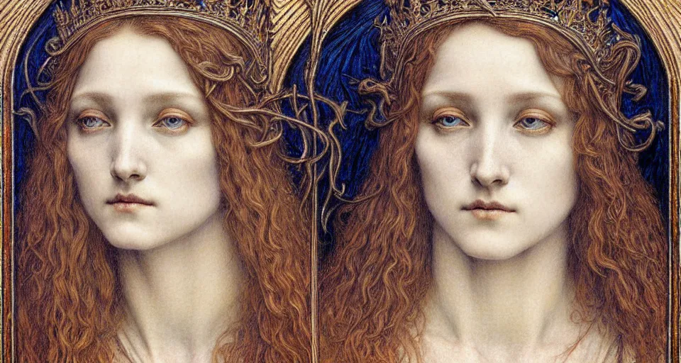 Image similar to detailed realistic beautiful young medieval queen face portrait by jean delville, gustave dore and marco mazzoni, art nouveau, symbolist, visionary, gothic, pre - raphaelite. horizontal symmetry