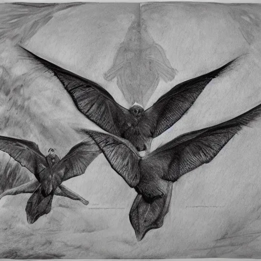 Image similar to hipposideros griffini but as a wildlife sketch. hipposideros griffini charcoal wildlife drawing, in habitat, by john banovish. detailed charcoal, intricate, scientific field study. charcoal on canvas. 5 8