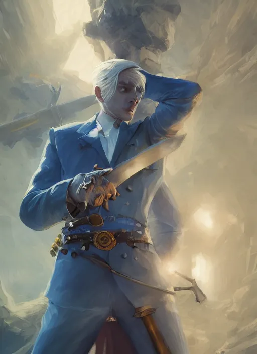 Image similar to a man in a blue suit with blond hair swinging a sword and holding a pistol, fantasy, d & d, heartstone, digital painting, volumetric light, intricate, sharp, focus, bloom, illustration, highly detailed, concept art, matte, ruan jia, randy vargas, greg rutkowski