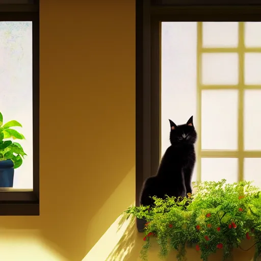 Image similar to peaceful dreamy painting of a content black cat sitting by a window, sunshine coming through the window, small plants on the window sill, golden hour, 4k resolution, highly detailed