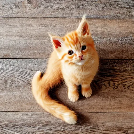 Image similar to cute fluffy orange tabby kitten, wooden floor