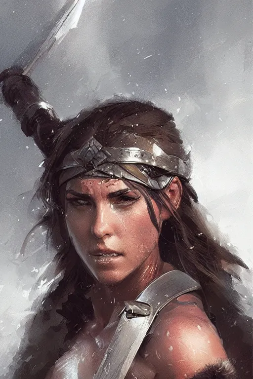 Image similar to portrait of a barbarian female, ultra sharp, very detailed, high quality focus by greg rutkowski and wlop