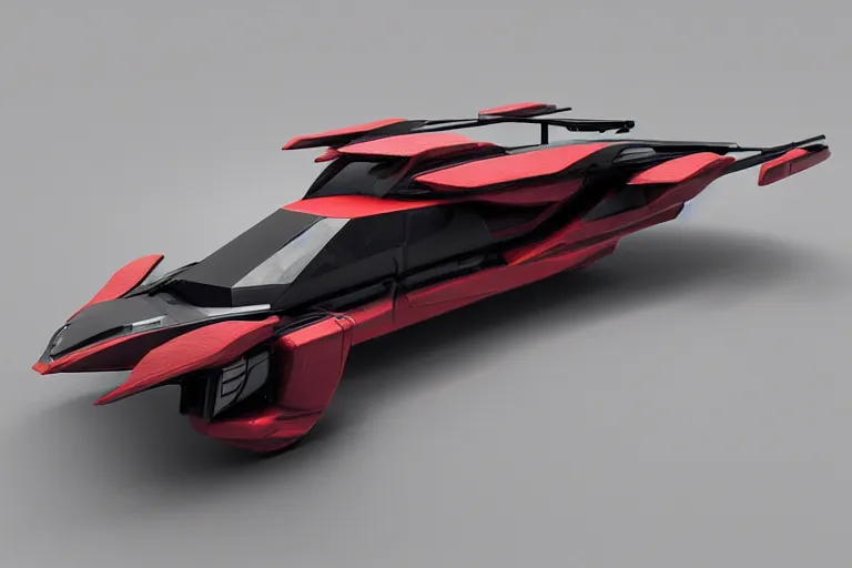 Prompt: a box - shaped sci - fi flying vehicle made from dark glass and plastic surfaces with kanji decals in the style of bladerunner 2 0 4 9, peugeot prestige, side lights, aerodynamic, super fast, hard surface, studio lighting, octane render, light background