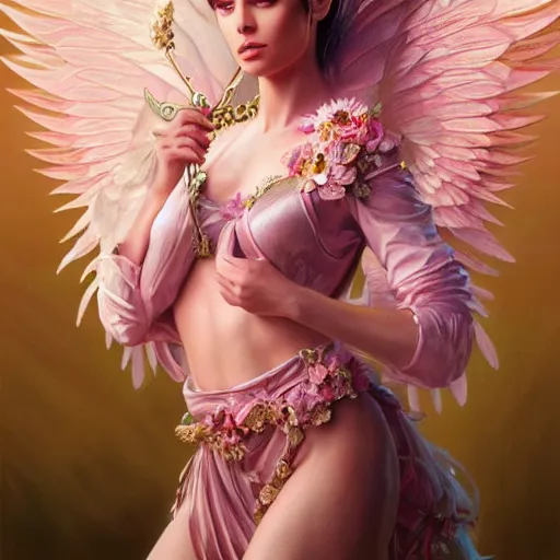 Prompt: expressive full body photo of sophia lauren as beautiful angel, smooth glowing skin, ornate headpiece made from pink flowers, glamour shot, by karol bak, by greg rutkowski, by artgerm, octane render, unreal engine, photorealistic, canon r 3, fashion photography