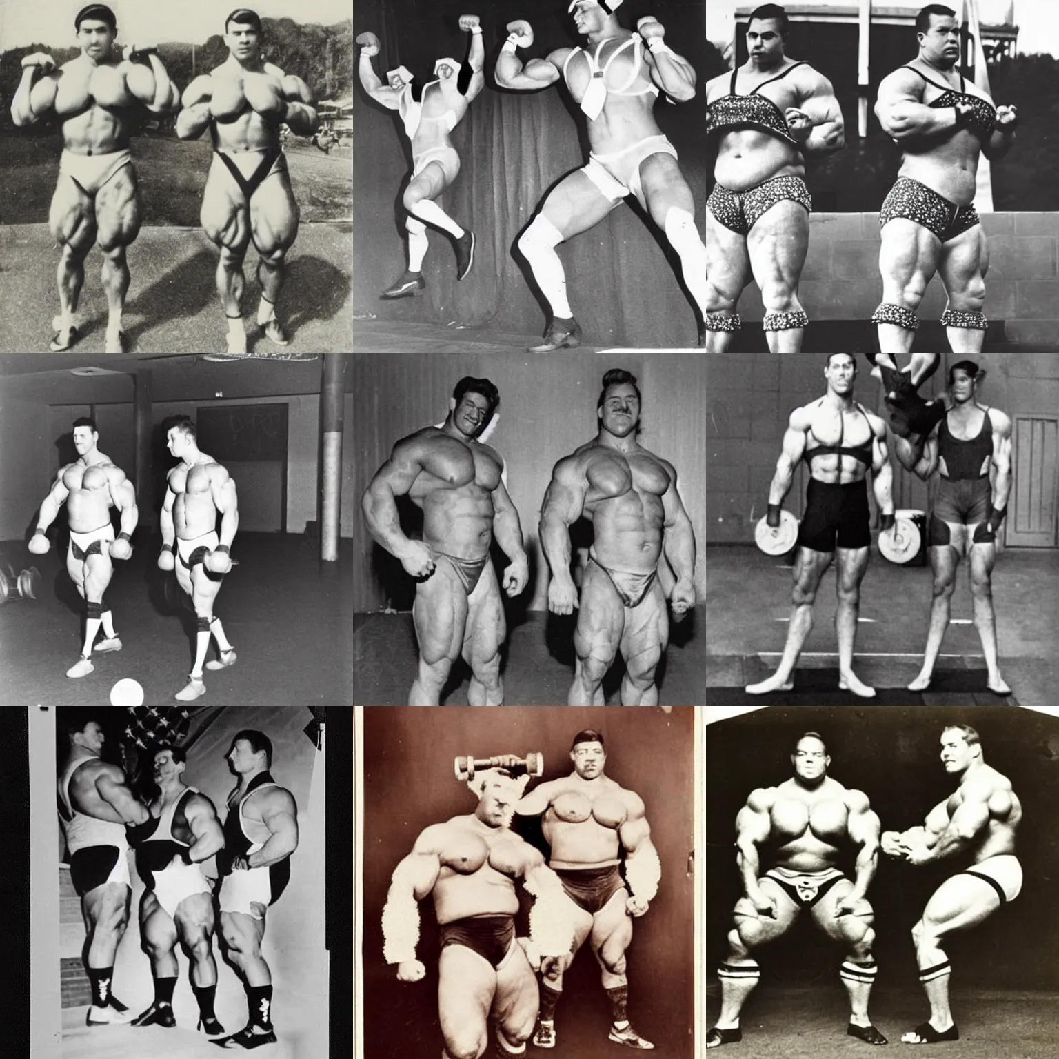 Prompt: !dream vintage photo of 2 powerlifters wearing chicken suits without sleeves