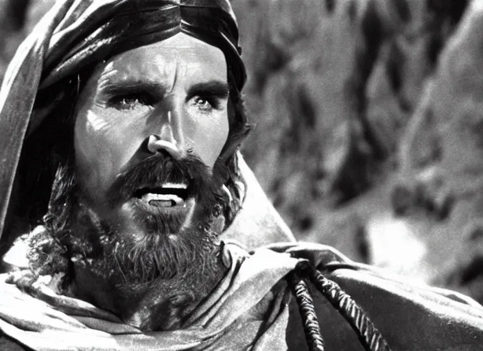 Image similar to film still of Christian Bale as Moses in The Ten Commandments 1956