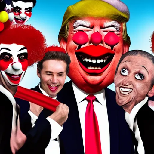 Image similar to Donald Trump as a clown with a group of clowns, trending on deviantart