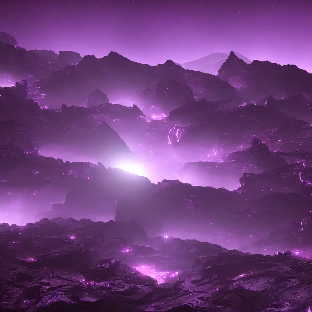 Prompt: nocturnal purple, futuristic landscape, 4 k, dark, dramatic contrast, unreal engine