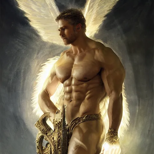 Prompt: handsome portrait of a norse mythology angel bodybuilder posing, radiant light, caustics, war hero, hades supergiant, by gaston bussiere, bayard wu, greg rutkowski, giger, maxim verehin