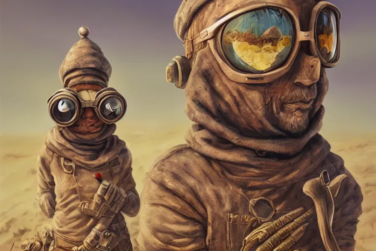 Image similar to a highly detailed forgotten garden gnome wearing goggles and head scarf surviving in a vast barren desert, hopeless wasteland background with a relentless raging sun overhead, post - apocalyptic road warrior vibe, dynamic pose, an ultrafine detailed painting by joe fenton, trending on deviantart, pop surrealism, whimsical, lowbrow, perfect symmetrical face, sharp focus, octane, masterpiece