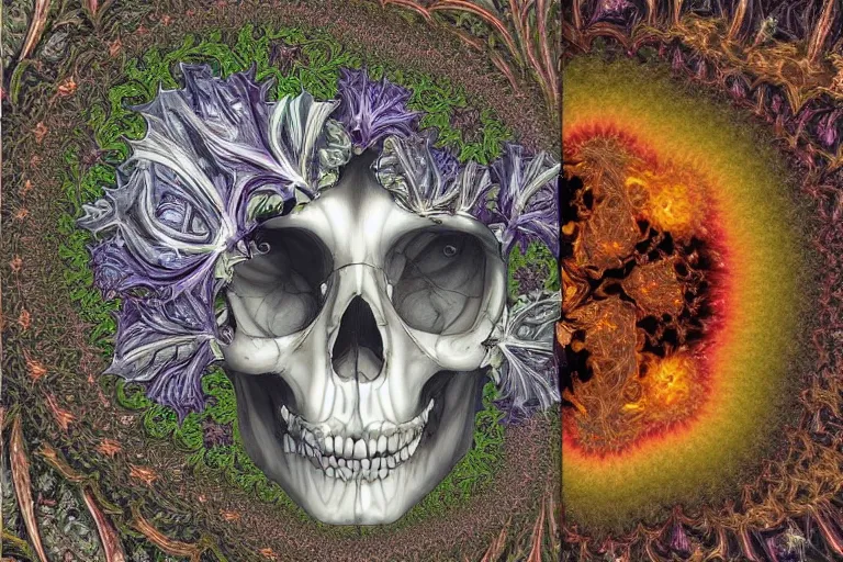 Image similar to an epic fantastic realism comic book style painting of datura flowers and a fractal skull within a fractal within a fractal within a fractal within a fractal all contained in a human skull and complimented with the most beautiful datura flowers, dynamic lighting, datura, angel's trumpet, allegory of death