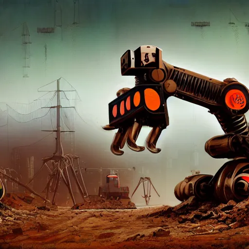 Image similar to giant scary quadrupedal mining robot with drill, four legs, highly detailed body, retro, industrial, dark, dystopian, apocalyptic, clean, in the style of simon stalenhag, 8 5 mm f / 1. 4