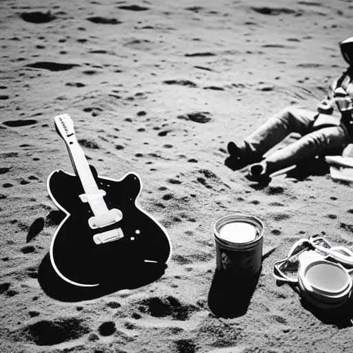 Prompt: a photo of a detailed, realistic, regular sized, sitting idle fender electric guitar next to a sitting idle beer can with an astronaut sitting down on the moon surface. detailed photo. realistic photo. cinematic. cinematic shot