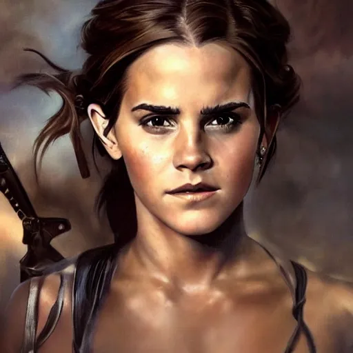 Image similar to ultra realistic portrait painting of emma watson as lara croft, art by frank frazetta, 4 k, ultra realistic, highly detailed, epic lighting.