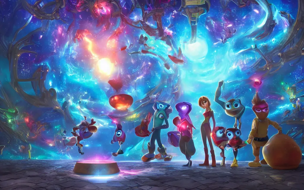 Prompt: a beautiful concept 3 d disney, pixar characters, close up view of mirrorverse guardians in front of the portal opening, stellar mirror, anime, manga, hyper detailed, vibrant, landscape, 8 k hd, digital, art station, cg