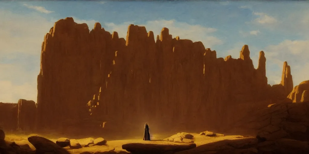 Image similar to a young girl stands next to a rock colossus, shadow of the colossus, in front of a temple, in a large desert cave, dramatic lighting, hudson river school