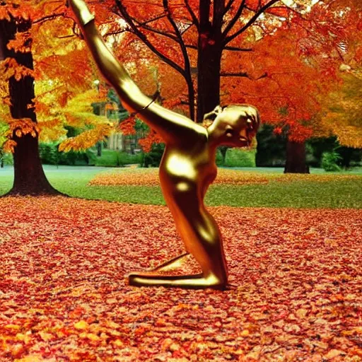 Prompt: Golden ballerina statue in the middle of a park during red autumn. Bokeh.