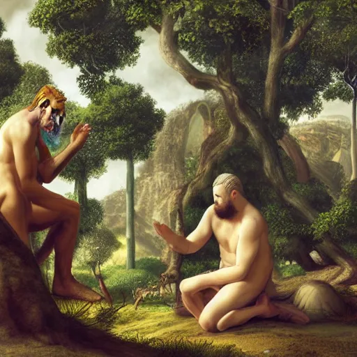 Image similar to white - bearded, god, contemplating adam and eve's future, in the garden of eden - sorcerer, detailed, futuristic, photo - realistic, digital art