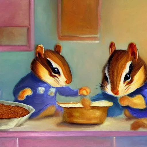 Image similar to ! dream chipmunks in a kitchen baking cookies, vintage kitchen, monet, painting, impressionism, chipmunk animal, baking cookies, colorful, accurate, artstation award, concept art