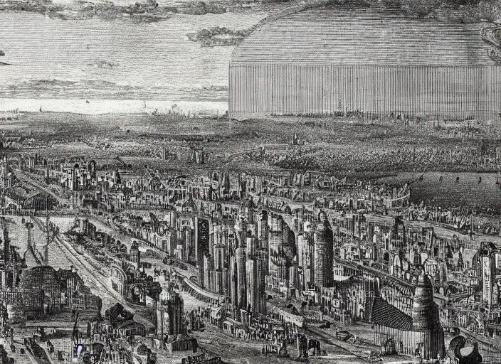 Image similar to detail from Hollar’s Panoramic view of a futuristic city, 1647