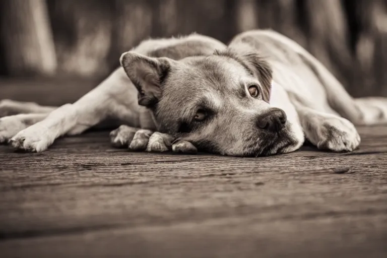 Prompt: old dog lying on a wooden dusty boardwalk shallow depth of field award winning