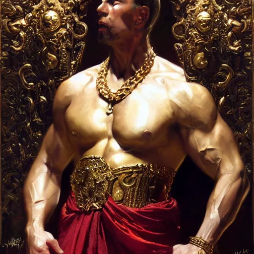 Image similar to detailed realistic cinematic wide shot of beautiful attractive muscular roman empreror gold chain wearing royal red clothes slim face symettrical face clean skin black eyes black robe smooth, sharp focus, ultra realistic, spring light, painting by gaston bussiere, craig mullins, j. c. leyendecker