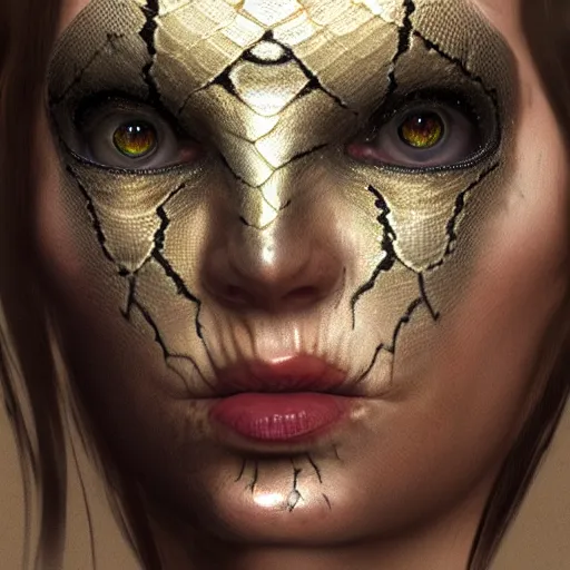 Prompt: A portrait of reptilian, snake eyes, slit pupils, metallic scales, Liz Truss, human-animal hybrid, hyperrealistic, trending on artstation