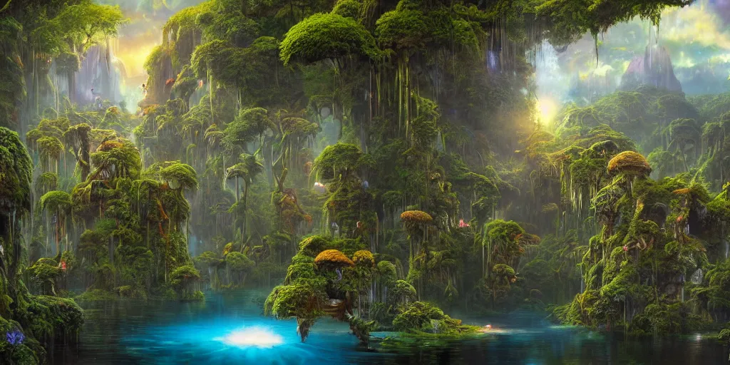 Image similar to balanced masterpiece, fairytale, sci - fi city, mystical lake, monolithic temple, interstellar infinity portal, rainforest mountains, lush plants flowers, epic natural light, bright clouds, luminous sky, outer worlds, bright cinematic lighting, esao andrews, michael cheval, michael whelan, airbrush digital nouveau oil painting, vray, 8 k hd