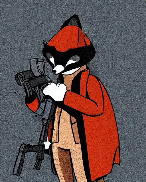 Image similar to a fox wearing a black trench - coat holding a mini - gun, comic art style, digital art,