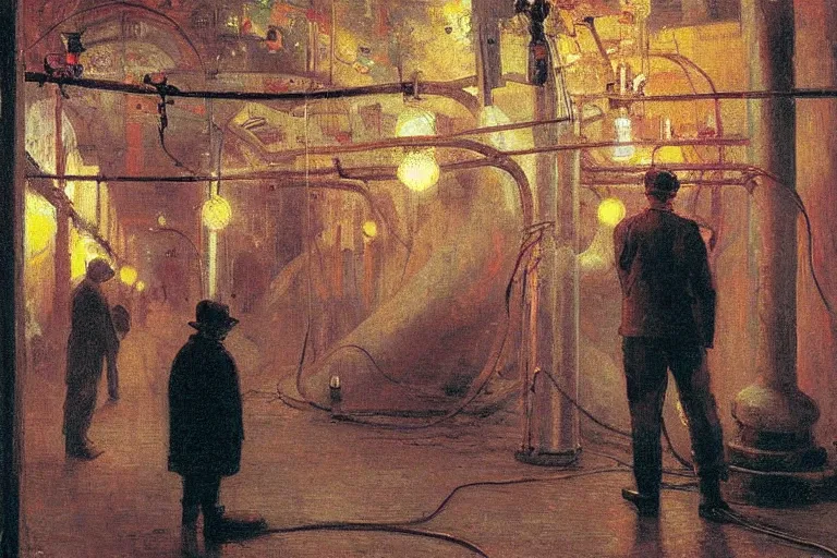 Image similar to painting of a man exploring an underground city made of pipes, string lights, neon signs, by Ilya Repin