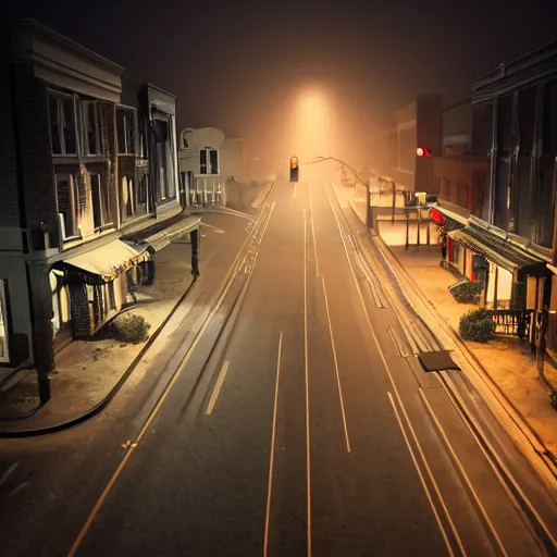 Prompt: A stunningly beautiful award-winning 8K high angle from 3rd floor cinematic movie photograph looking down diagonally across a spooky foggy empty lightless moonlit main street intersection in an abandoned 1950s small town at night. perfect composition, moody low key backlit. Color palette from Seven, greens yellows and reds. 2 point perspective. Octane render