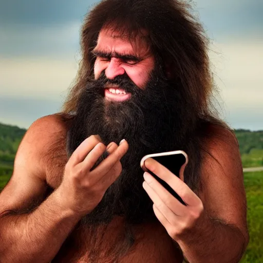 Prompt: a caveman using an iPhone