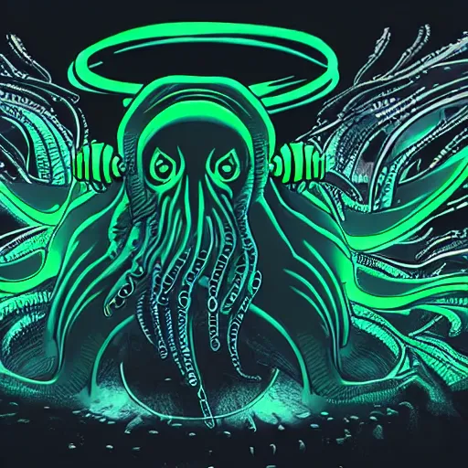 Prompt: cthulhu with headphones playing synthesizers, lights, lasers, music, highly detailed, realistic, technology and magic,