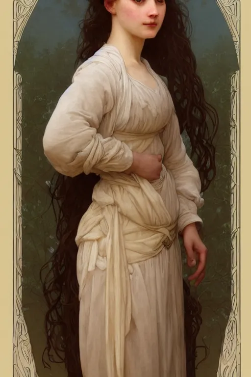 Image similar to Portrait of beautiful pale peasant girl, cinematic lighting, intricate, elegant, highly detailed, digital painting, artstation, smooth, sharp focus, illustration, art by artgerm and greg rutkowski and alphonse mucha and Wayne Barlowe and william-adolphe bouguereau