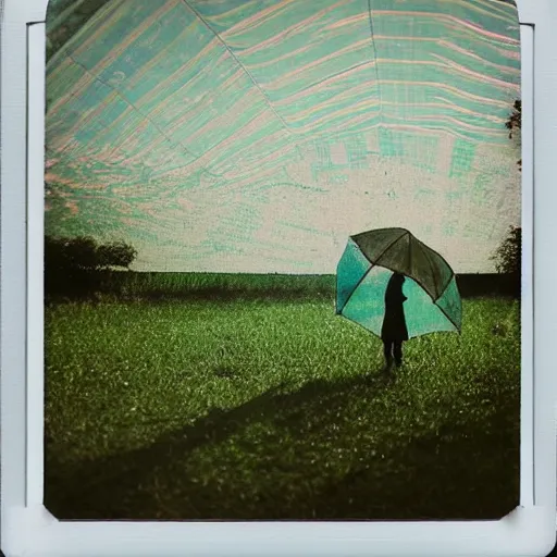 Prompt: a pastel coloured Polaroid photo of a sunbed and umbrella made of transparent iridescent perspex stood in a field, beams of light, nostalgic