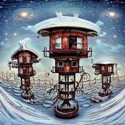 Image similar to a steampunk village on tall stilts in a snowy field, blizzard, by Naoto Hattori,