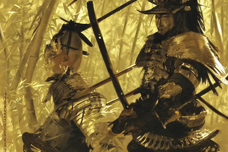 Image similar to close up of samurai in full armor, in a mysterious and bamboo forest, golden hour, by huang guangjian and gil elvgren, sachin teng, greg manchess