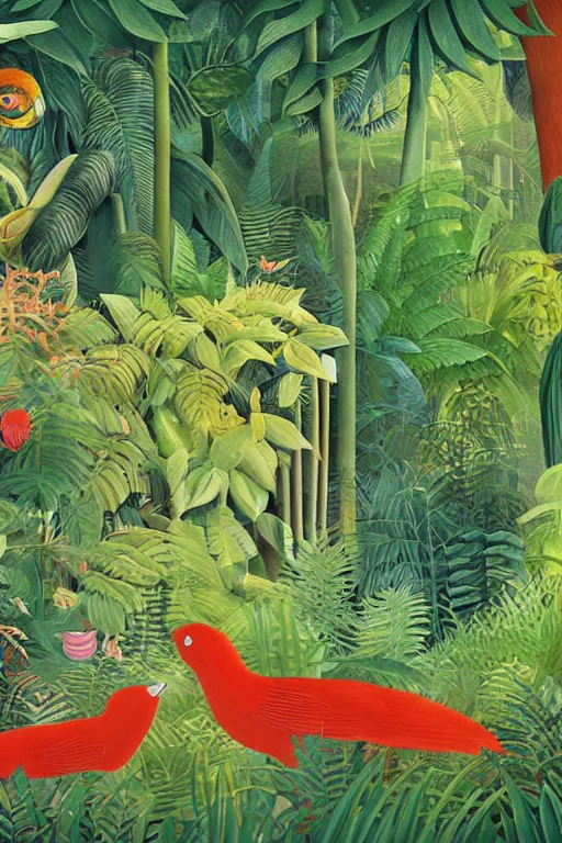 Image similar to rare bird in the jungle, hyper detailed, unreal engine render concept art, style of henri rousseau and richard scarry and hiroshi yoshida