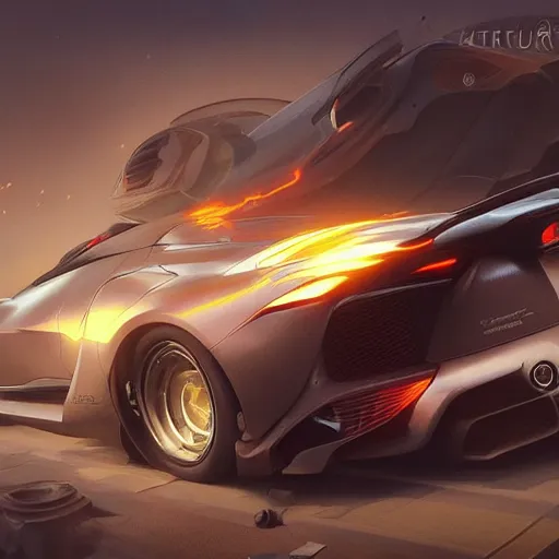 Image similar to ultra realistic illustration, a sportscar on fire, highly detailed, digital painting, artstation, concept art, smooth, sharp focus, illustration, art by artgerm and greg rutkowski and alphonse mucha