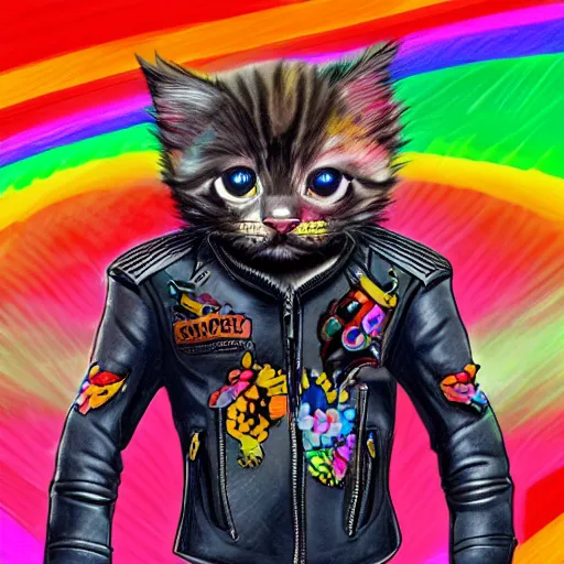 Image similar to wide angle full body, jacket wearing fluffy cute rainbow kitten wearing a black leather motorcycle jacket, concept art