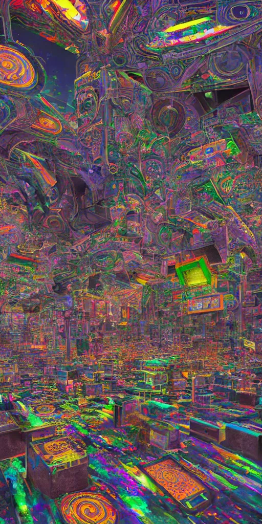 Image similar to impossibly beautiful monolithic shrine to technology that extends to the heavens, people charge their devices and worship at the base of the shrine, intricate complexity, horror, rainbow drip paint, psychedelic glitch art, trending on art station, photoreal, 8k, octane render
