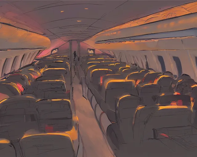 Image similar to Nightclub inside a widebody plane, concept art, digital painting