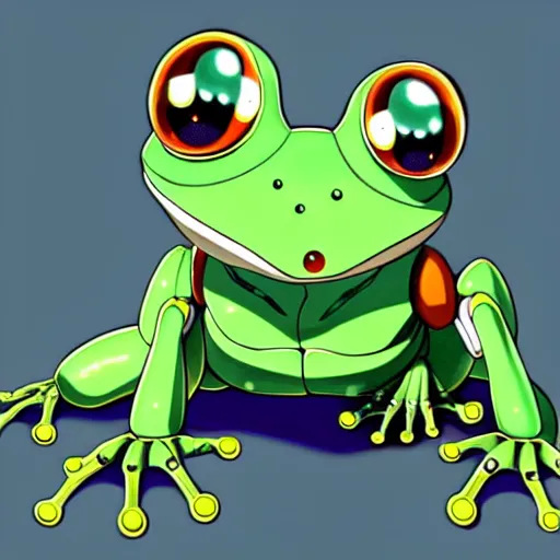 Prompt: a full body portrait of robot frog, finely detailed features, closeup at the faces, perfect art, gapmoe yandere grimdark, trending on pixiv fanbox, artwork by makoto shinkai, takashi takeuchi, studio ghibli, akihiko yoshida,