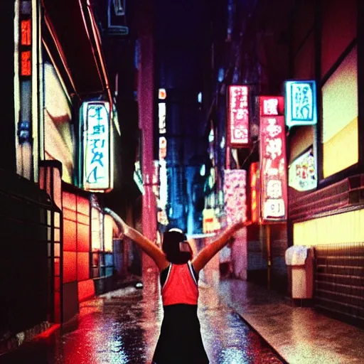 Image similar to 1990s perfect 8K HD professional cinematic photo of close-up japanese schoolgirl jumping in dystopian alleyway with neon signs, at evening during rain, at instagram, Behance, Adobe Lightroom, with instagram filters, depth of field, taken with polaroid kodak portra